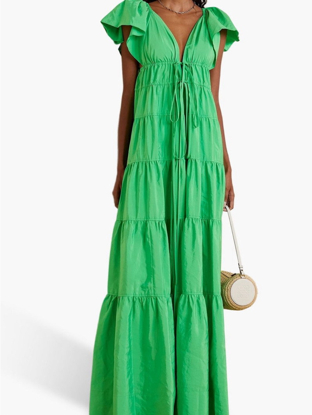 A.L.C. Bright Green Tiered Maxi Dress with Flutter Sleeves